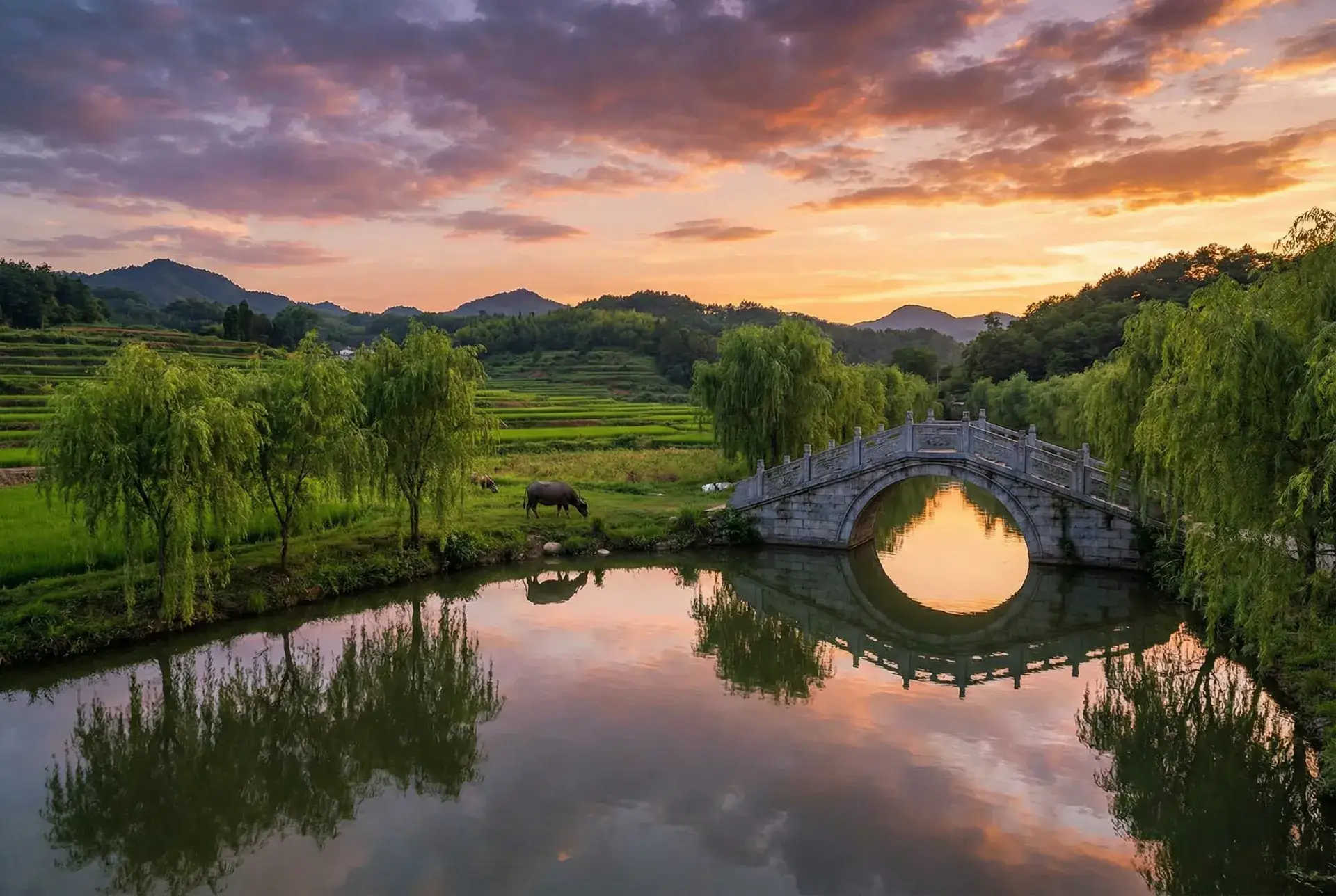 夕阳下的石拱桥与垂柳，水牛在河边吃草 - 妹汁全集 乡村美景